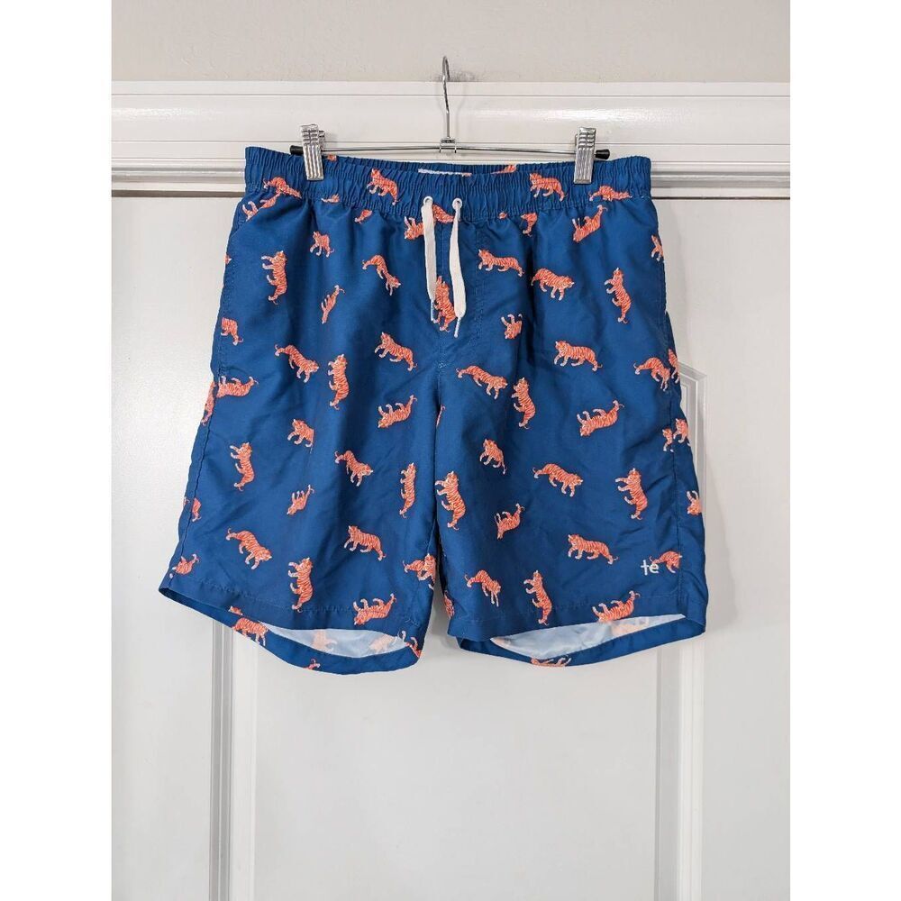 Tipsy Elves Tiger Swim Trunks men's large blue orange short Pull on novelty